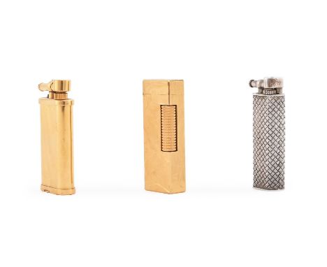 
	
		DUNHILL, THREE SLIM GAS LIGHTERS 
		The silver basket weave Unique example with French small guarantee and London import