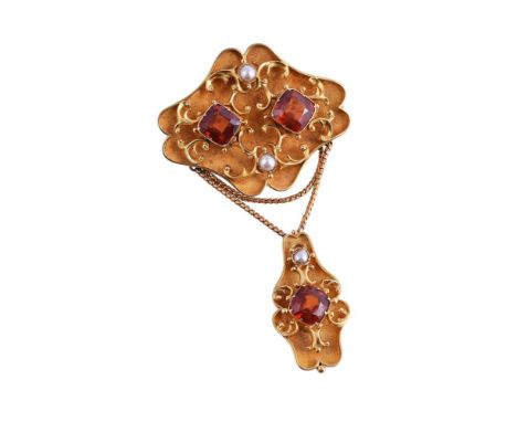 
	
		A VICTORIAN HESSONITE GARNET AND HALF PEARL BROOCH/PENDANT 
		CIRCA 1880
		The lobed panel set with two squared cushion 