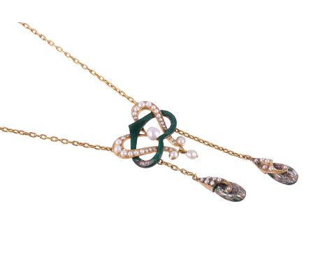 
	
		AN EDWARDIAN ART NOUVEAU GRADUATED HALF PEARL LEVALLIER PENDANT 
		CIRCA 1905
		The interlocking whiplash panel with gre