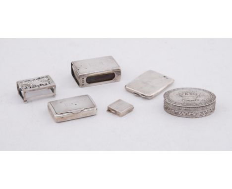 
	
		SIX SILVER SMALL BOXES 
		Including: a Continental embossed oval snuff box, post 1912 Swedish import marks, .830 standar