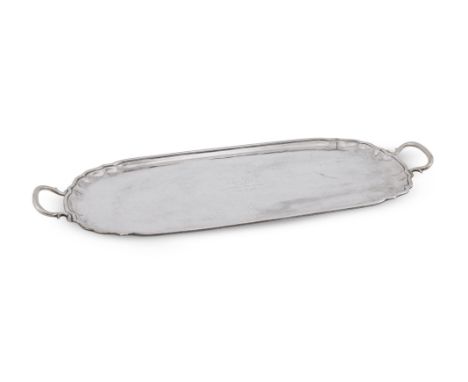 
	
		A SILVER TWIN HANDLED DRINKS TRAY 
		D. &amp; J. WELLBY, LONDON 1925 
		Shaped oblong with eared plain loop handles and 