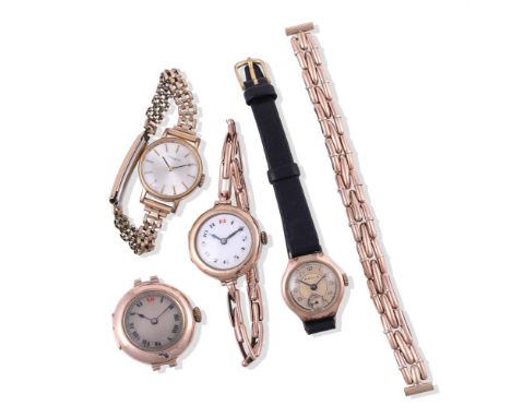 
	
		FOUR ASSORTED WRIST WATCHES
		Comprising: a 9 carat gold watch head, circa 1911, Swiss manual wind movement, 15 jewels, 