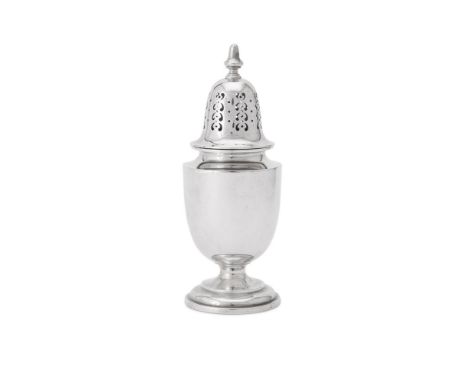 
	
		AN EDWARDIAN SILVER OVOID PEDESTAL SUGAR CASTER 
		MAPPIN &amp; WEBB, CHESTER 1905 
		With a bell finial to the dot and 