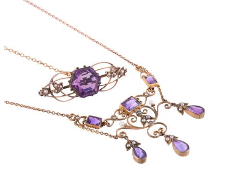 
	
		AN EDWARDIAN AMETHYST AND SEED PEARL NECKLACE 
		CIRCA 1910
		The front with articulated scrolled sections set with rect