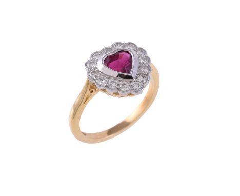 
	
		A RUBY AND DIAMOND HEART SHAPED CLUSTER RING
		The central heart cut ruby within a surround of brilliant cut diamonds, a