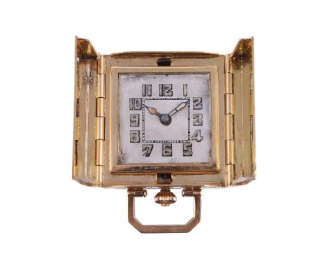 
	
		DOXA
		GOLD COLOURED SQUARE CASED TRAVEL WATCH, NO. 38172
		Movement: Manual wind, 15 jewels
		Case: Gold coloured case,