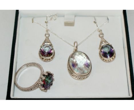 Cased silver set including Earrings, Necklace and Ring