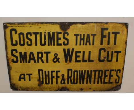 Scarce Heavy tin enamel sign- Costumes that fit smart and well cut at Duff &amp; Rowntree