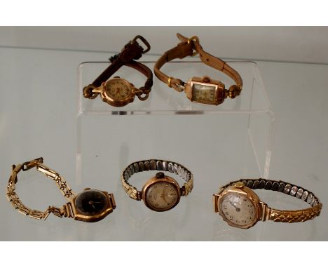 Selection of 5 9ct Gold ladies wrist watches including Timor &amp; Rotary, some working 