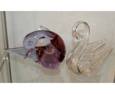 Victorian glass swan and a later art glass duck