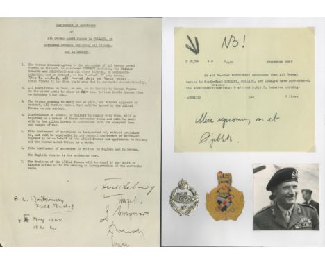 WW2. Field Marshall Montgomery's Metal 'Fear Naught' Army Hat Badge. Included is a COPY of Instrument of Surrender of all Ger