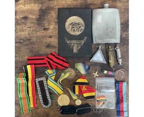 Military. Collection of medals, ribbons, dog tags, clock, whistle, vintage lighter. Good condition. All autographs are genuin