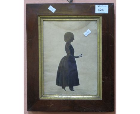 British School, early 19th Century, full length portrait silhouette of a young girl holding a flower, original rosewood frame
