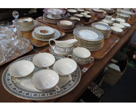Four trays of Crown Staffordshire fine bone china 'Black Victoria' tea and dinnerware items to include: two handled bowls and