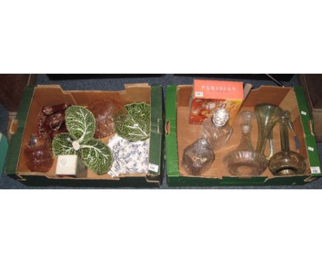 Two trays of china and glass to include: Portuguese pottery three section snack tray in the form of cabbages; blue and white 