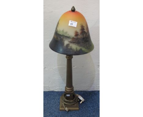 Gilt metal Corinthian column table lamp with Galle style painted, mushroom shaped glass shade.