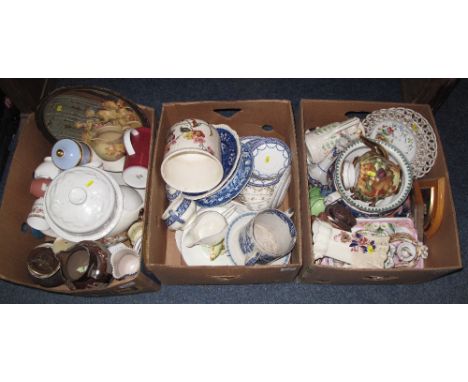 Three boxes of assorted, mainly china, to include: various dresser jugs; Poole Pottery single handled jug; blue and white ite