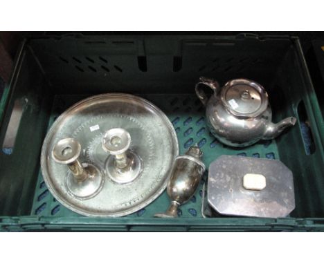 Pair of silver candlesticks with Greek key decoration, Chester 1908, together with silver plated tea caddy; sugar sifter; ova
