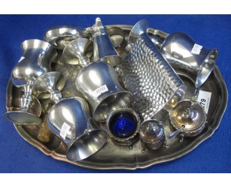 Tray of assorted silver plated wares including: cruet set; goblets; hip flask and other items.