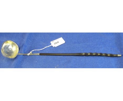 Silver Toddy ladle with spiral, possibly whalebone, handle, engraved to base with initials and maker's marks: W.W.