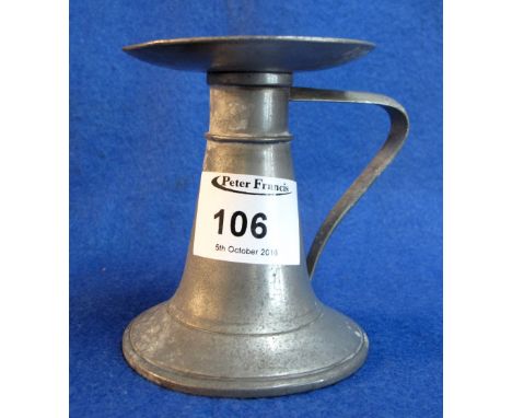 Chinese pewter conical shaped chamber candlestick with wide removable drip pan and angular loop handle.  Impressed internal m