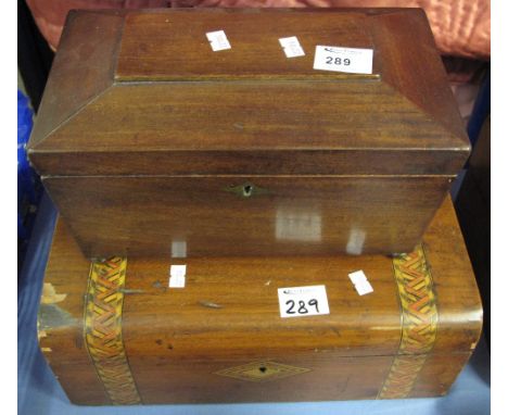 19th Century mahogany sarcophagus shaped tea caddy and a Victorian walnut, Tunbridge banded, lady's work box. (2)