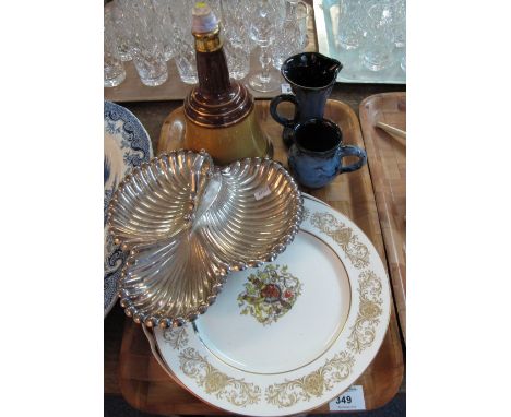 Tray of assorted items to include: modern Ewenny Pottery jugs; Wade Bells Scotch whisky decanter; plated shell shaped tray an