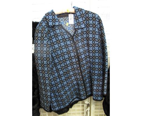 1960s lady's blue geometrically decorated Welsh tapestry wool jacket.