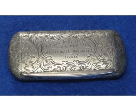 19th Century engraved silver presentation snuff box, Birmingham hallmark. CONDITION REPORT: Good condition for age.Marked N &