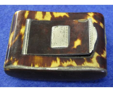 19th Century tortoiseshell cushion shaped silver mounted snuff box with applied sporting scene silver tablet.