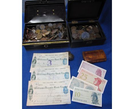 Collection of assorted British and foreign coins, various, also including some bank notes, a maple snuff box and a regimental
