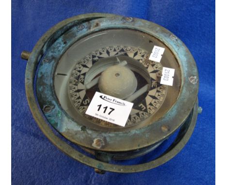 Naval brass gimbaled card compass with frame.