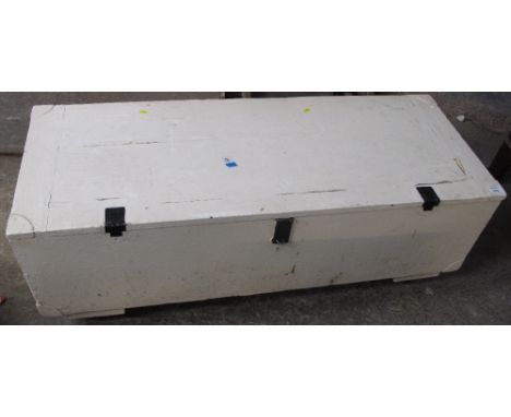 Vintage painted pine trunk or chest on wheels.