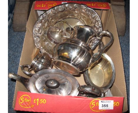 Tray of assorted metalware to include: silver plated tea service; silver plated relief foliate bowl and glass condiment pot w