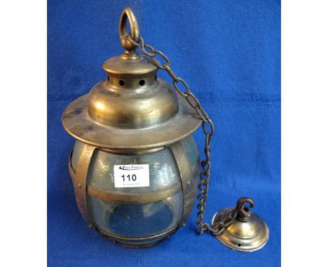 Oxidised brass ovoid shaped hall lantern with glass shade. CONDITION REPORT: Glass appears fine. 32cm high, base diameter 12c