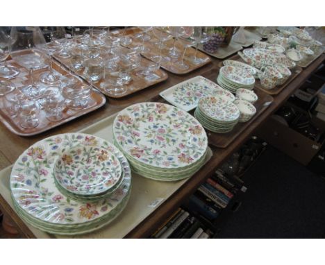 Four trays of Minton 'Hadden Hall' bone china tea and dinnerware items to include: teacups and saucers; two handled bowls; sa