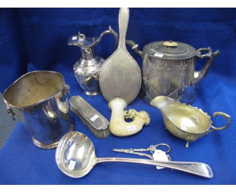 Assorted silver plated wares including: ice bucket; baluster ewer; coffee pot; silver mounted Meerschaum smoking pipe; silver