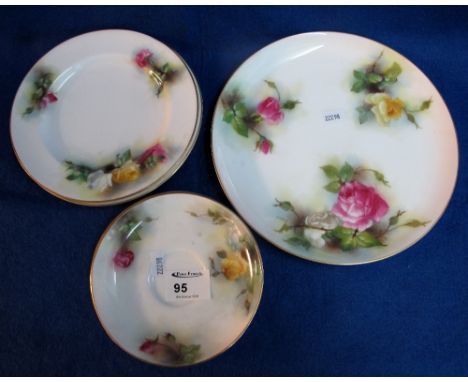 Royal Worcester hand painted saucers, side plates and plates, green printed marks to base, early 1900s.  (5)