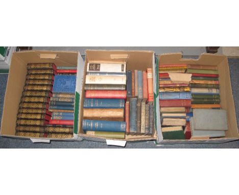 Three trays of assorted books to include: 'The Century Bible', illustrated, various volumes; 'Life of Gladstone', John Morley