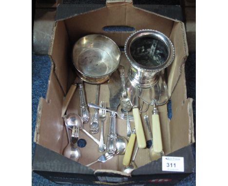 Tray of assorted metalware to include: toasting fork with silver collar; silver plated marrow scoop; Walker and Hall silver p