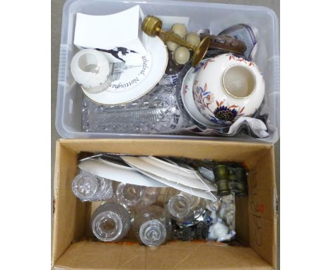 Two boxes of mixed china and glassware including decanters and a vase, novelty glass top and gilt metal clock, wristwatches, 