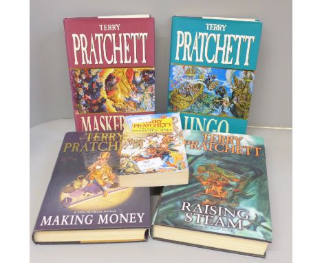 Four hardback first edition Discworld novels by Terry Pratchett with a signed paperback - Maskerade (1995), Jingo (1997), Mak