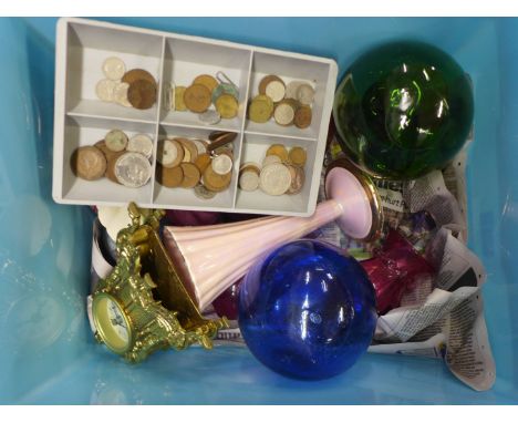 Paperweights; Caithness Mosaic x 2, Fascination and other paperweights, a ruby flash cut vase, two other glass vases, two gla