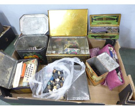 An Edward VIII tin with buttons, a Navy Cut tin and a Huntley &amp; Palmers vintage sewing kit, etc. 