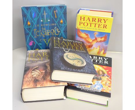 Five hardback first edition books by J.K. Rowling; Harry Potter and The Order of The Phoenix (adult and children's version), 