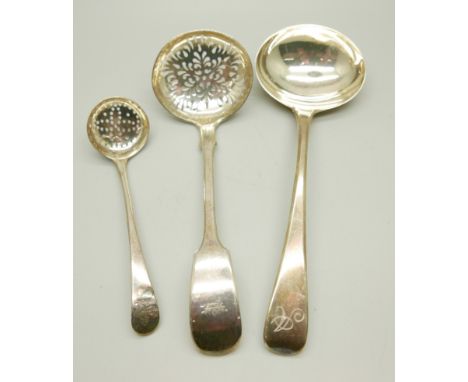 Two silver sifter spoon and a silver ladle, 19th Century, 125g 