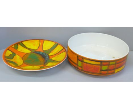 A Poole Pottery Delphis shallow dish, 26.5cm and fruit bowl, 25cm diameter, staining to back of dish 