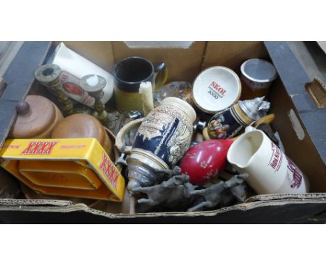 A Red Seal Scotch Whisky jug, tankards, a Hook Norton Brewery jug, a hip flask, plated, ware, etc. **PLEASE NOTE THIS LOT IS 