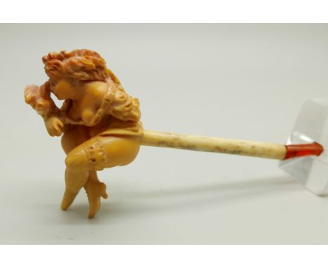 A carved Meerschaum pipe of a scantily clad young lady, with bone stem separate, cased 