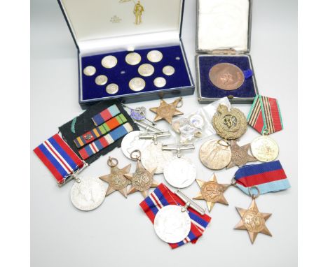 WWII medals, other medals, etc., including a WWI Victory medal to 4298 Pte F Lutkin Camb R 